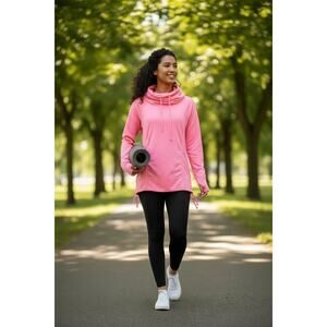 Lucy Cowl Neck Vibrant Coral with Cinch at Waist and Fitted Cuffs NWT Athleisure